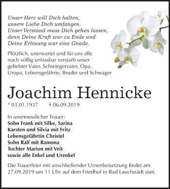 Traueranzeige von Joachim Hennicke von Mitteldeutsche Zeitung Merseburg/Querfurt