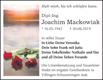 Traueranzeige von Joachim Mackowiak von Wochenspiegel Bitterfeld