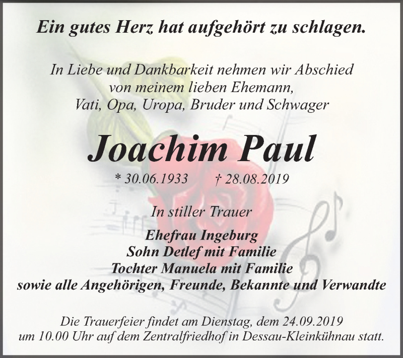  Traueranzeige für Joachim Paul vom 07.09.2019 aus Super Sonntag Dessau-Roßlau
