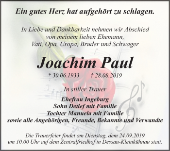 Traueranzeige von Joachim Paul von Mitteldeutsche Zeitung Dessau-Roßlau