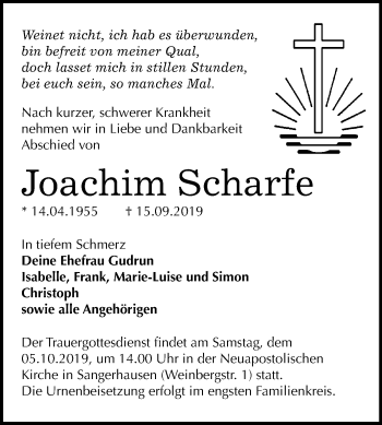 Traueranzeige von Joachim Scharfe von Mitteldeutsche Zeitung Sangerhausen