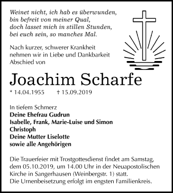 Traueranzeige von Joachim Scharfe von Super Sonntag Sangerhausen