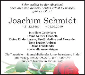 Traueranzeige von Joachim Schmidt von Super Sonntag Köthen