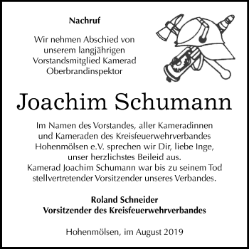Traueranzeige von Joachim Schumann von Wochenspiegel Weißenfels