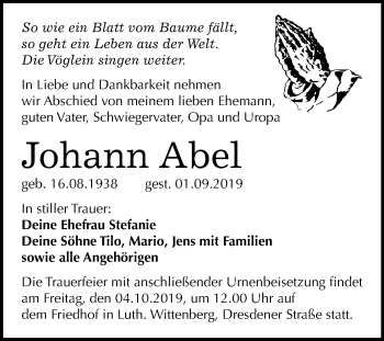 Traueranzeige von Johann Abel von Mitteldeutsche Zeitung Wittenberg