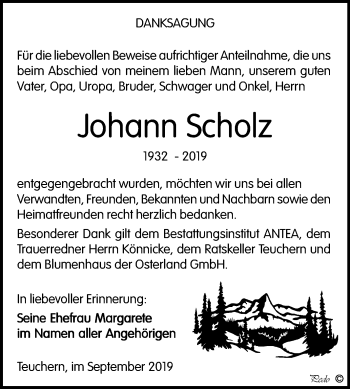 Traueranzeige von Johann Scholz von Wochenspiegel Weißenfels