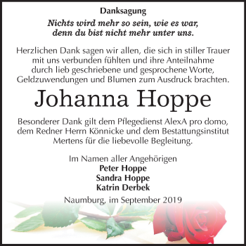 Traueranzeige von Johanna Hoppe von Wochenspiegel Naumburg/Nebra