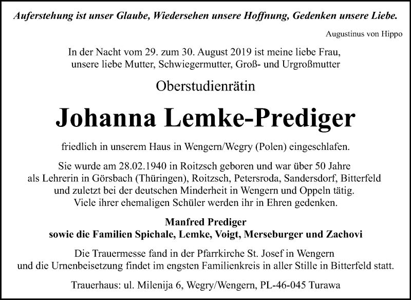  Traueranzeige für Johanna Lemke-Prediger vom 07.09.2019 aus Mitteldeutsche Zeitung Bitterfeld