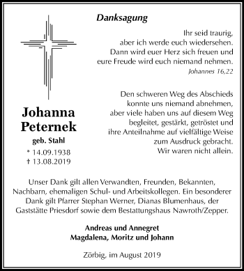 Traueranzeige von Johanna Peternek von Mitteldeutsche Zeitung Bitterfeld