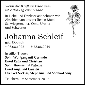 Traueranzeige von Johanna Schleif von Mitteldeutsche Zeitung Weißenfels