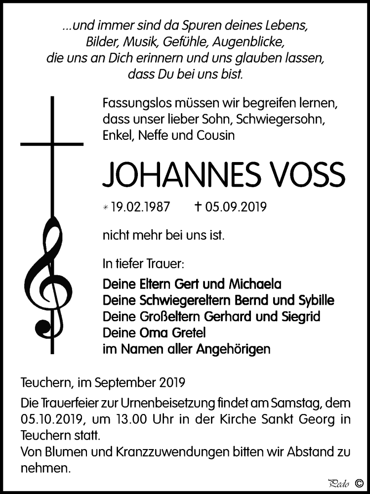  Traueranzeige für Johannes Voss vom 21.09.2019 aus Mitteldeutsche Zeitung Weißenfels
