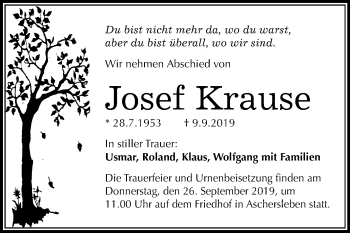 Traueranzeige von Josef Krause von Mitteldeutsche Zeitung Aschersleben