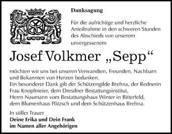 Traueranzeige von Josef Volkmer von Mitteldeutsche Zeitung Bitterfeld