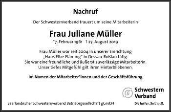 Traueranzeige von Juliane Müller von Super Sonntag Dessau-Roßlau