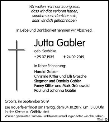 Traueranzeige von Jutta Gabler von Mitteldeutsche Zeitung Weißenfels