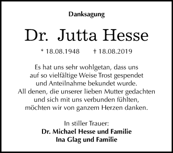 Traueranzeige von Jutta Hesse von Mitteldeutsche Zeitung Mansfelder Land