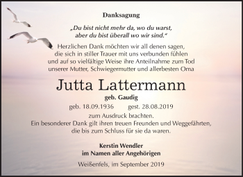 Traueranzeige von Jutta Lattermann von Mitteldeutsche Zeitung Weißenfels