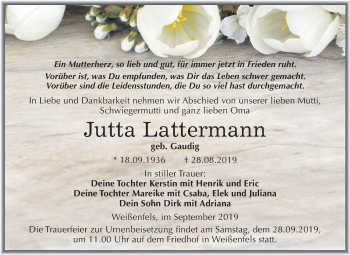 Traueranzeige von Jutta Lattermann von Wochenspiegel Weißenfels