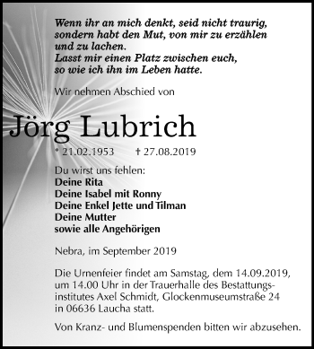 Traueranzeige von Jörg Lubrich von Mitteldeutsche Zeitung Naumburg/Nebra