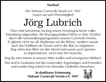 Traueranzeige von Jörg Lubrich von Wochenspiegel Naumburg/Nebra