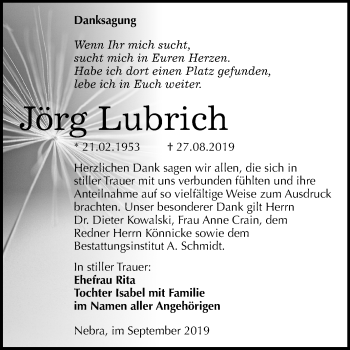 Traueranzeige von Jörg Lubrich von Wochenspiegel Naumburg/Nebra
