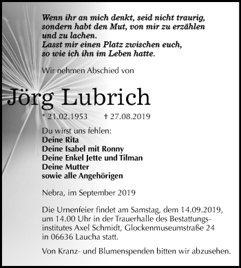 Traueranzeige von Jörg Lubrich von Wochenspiegel Naumburg/Nebra