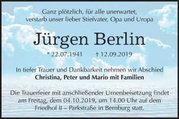 Traueranzeige von Jürgen Berlin von Mitteldeutsche Zeitung Bernburg