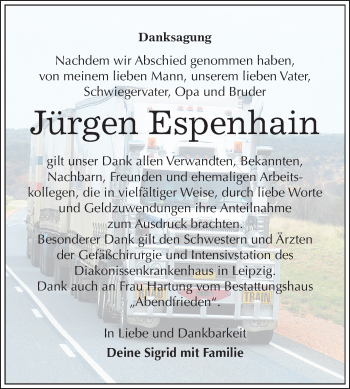 Traueranzeige von Jürgen Espenhain von Wochenspiegel Weißenfels