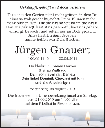 Traueranzeige von Jürgen Gnauert von Mitteldeutsche Zeitung Wittenberg