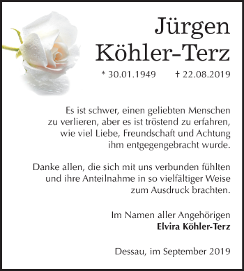 Traueranzeige von Jürgen Köhler-Terz von Mitteldeutsche Zeitung Dessau-Roßlau