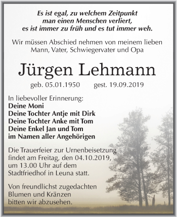 Traueranzeige von Jürgen Lehmann von Mitteldeutsche Zeitung Merseburg/Querfurt