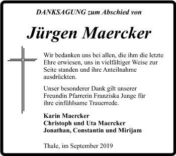 Traueranzeige von Jürgen Maercker von Super Sonntag Aschersleben / Quedlinburg