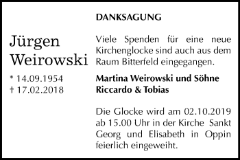 Traueranzeige von Jürgen Weirowski von Mitteldeutsche Zeitung Bitterfeld