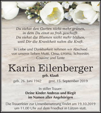 Traueranzeige von Karin Eilenberger von Mitteldeutsche Zeitung Weißenfels