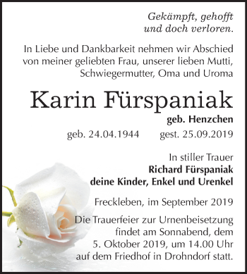 Traueranzeige von Karin Fürspaniak von Mitteldeutsche Zeitung Aschersleben