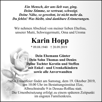 Traueranzeige von Karin Hopp von Super Sonntag Dessau-Roßlau