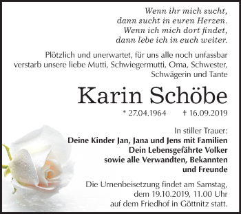 Traueranzeige von Karin Schöbe von Wochenspiegel Bitterfeld
