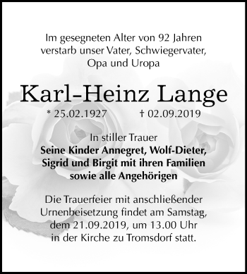 Traueranzeige von Karl-Heinz Lange von Mitteldeutsche Zeitung Naumburg/Nebra