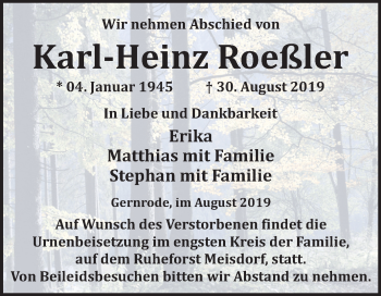 Traueranzeige von Karl-Heinz Roeßler von Super Sonntag Quedlinburg