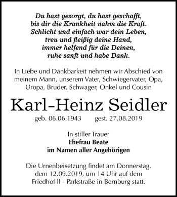 Traueranzeige von Karl-Heinz Seidler von Super Sonntag Bernburg