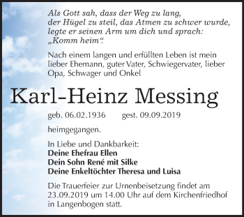 Traueranzeige von Karl-Heiz Messing von Mitteldeutsche Zeitung Halle/Saalkreis