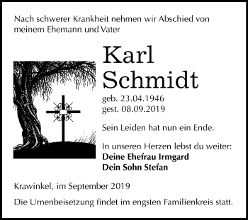 Traueranzeige von Karl Schmidt von Wochenspiegel Naumburg/Nebra