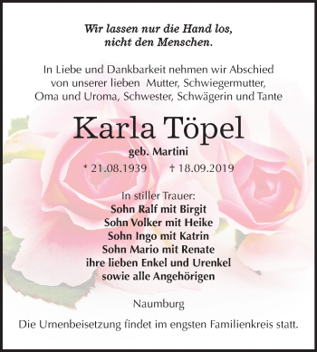 Traueranzeige von Karla Töpel von Wochenspiegel Naumburg/Nebra