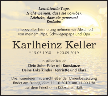 Traueranzeige von Karlheinz Keller von Super Sonntag Merseburg/Querfurt