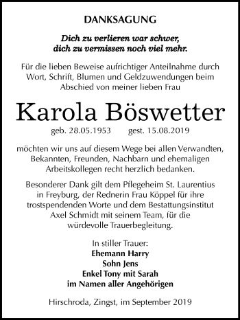 Traueranzeige von Karola Böswetter von Wochenspiegel Naumburg/Nebra