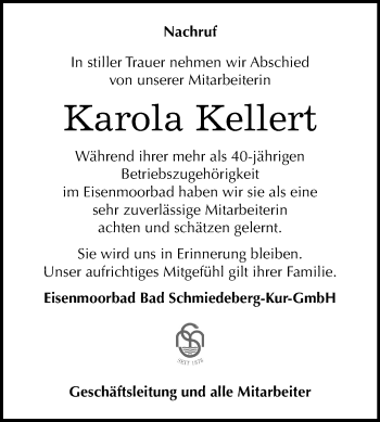 Traueranzeige von Karola Kellert von Mitteldeutsche Zeitung Wittenberg