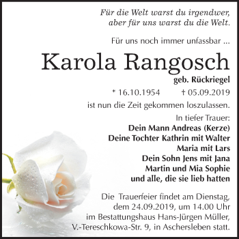 Traueranzeige von Karola Rangosch von Mitteldeutsche Zeitung Aschersleben