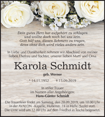 Traueranzeige von Karola Schmidt von Mitteldeutsche Zeitung Halle/Saalkreis