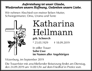 Traueranzeige von Katharina Hellmann von Mitteldeutsche Zeitung Merseburg/Querfurt