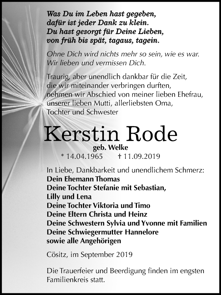  Traueranzeige für Kerstin Rode vom 14.09.2019 aus Mitteldeutsche Zeitung Köthen